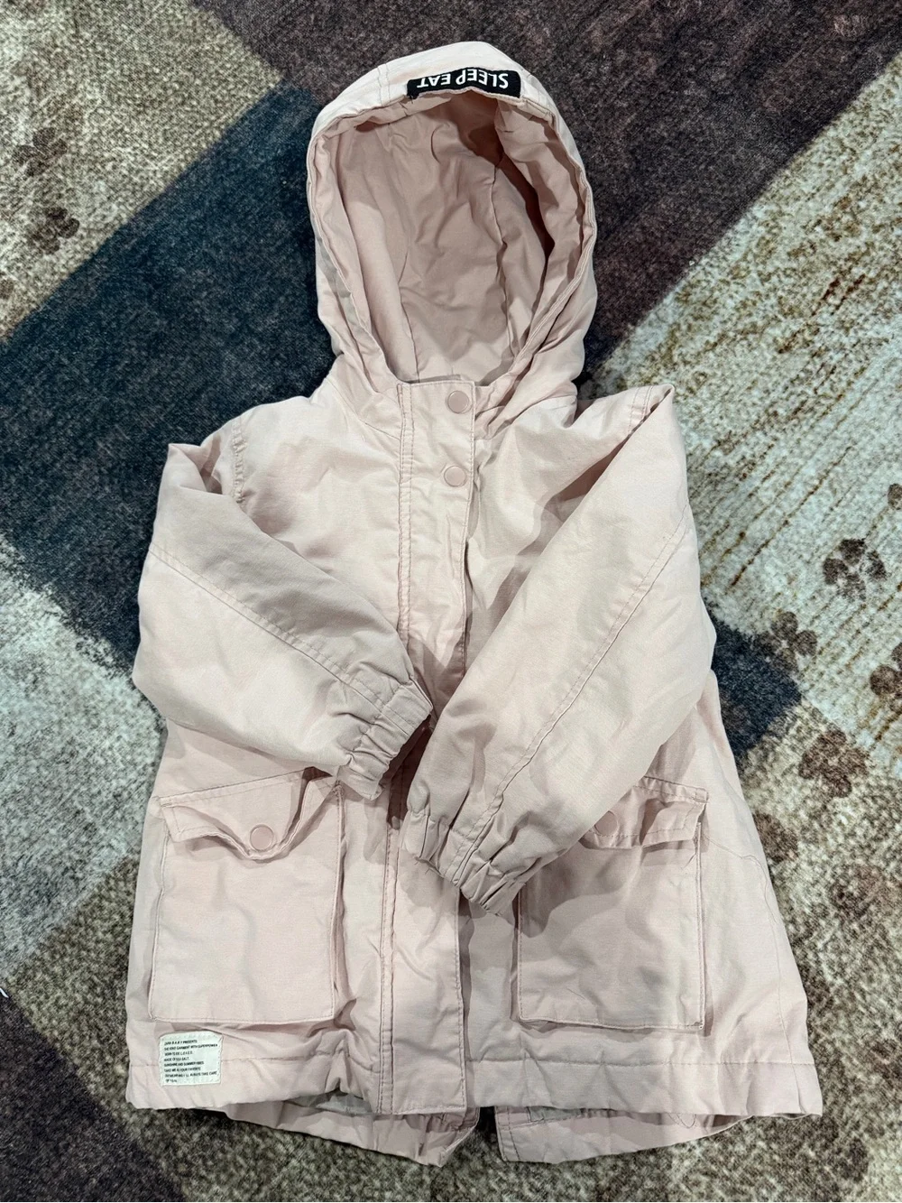Zara Light Cream Hooded Puffer Jacket with Snoopy Back Graphic